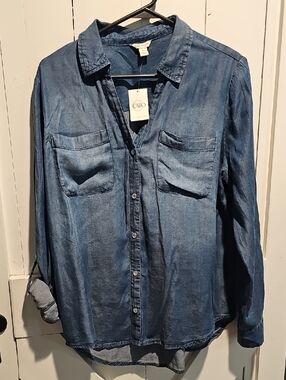 Cato Washed Faux Blue Denim Button-Up Shirt